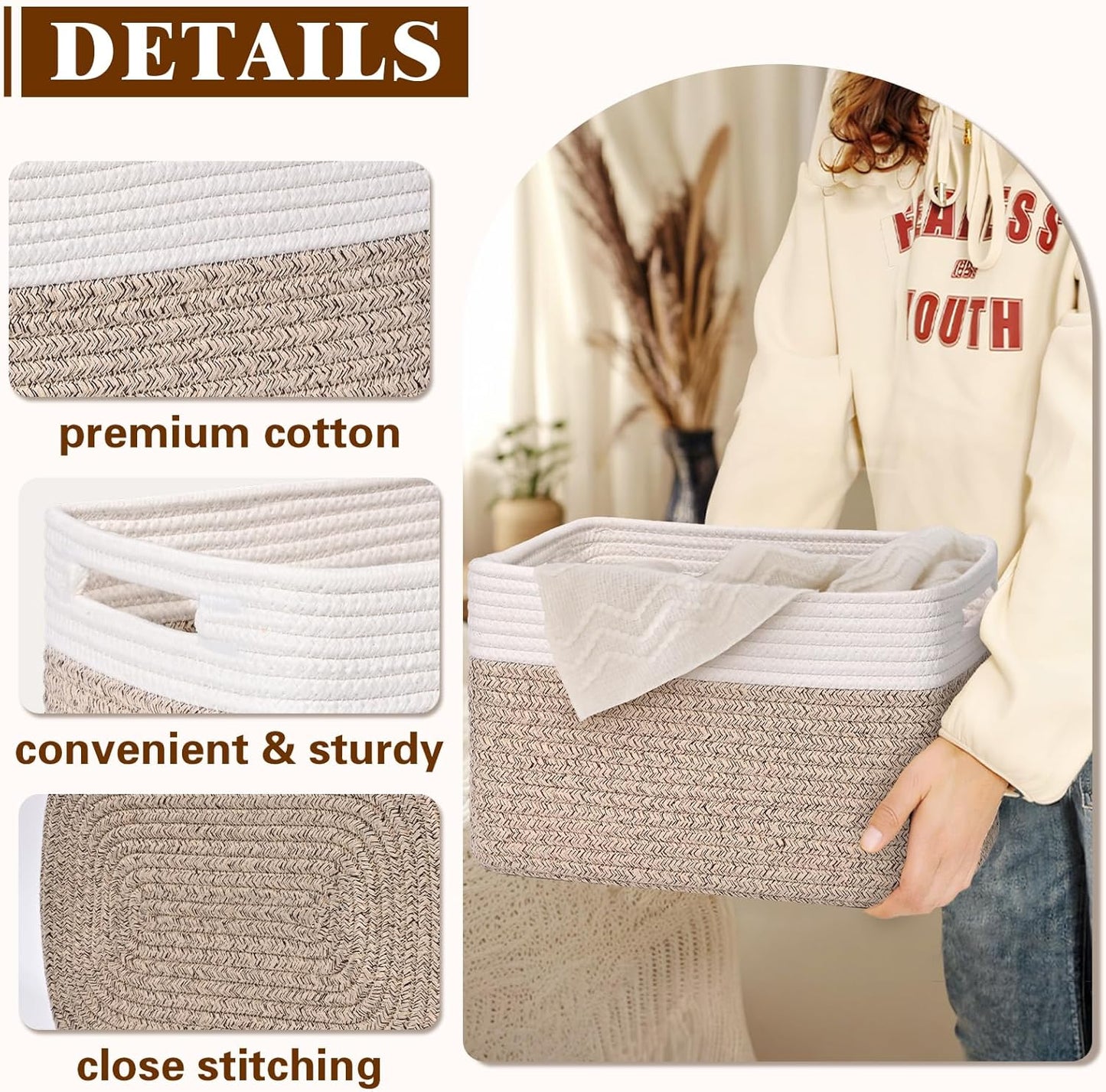 Storage Baskets for Organizing, 4 Pack Storage Baskets for Shelves, Woven Basket for Shelves, Closet Organization, Rectangle Organizer Basket Gifts Empty, 13"Lx8.7"Wx7.9"H Decorative Bins with Handles