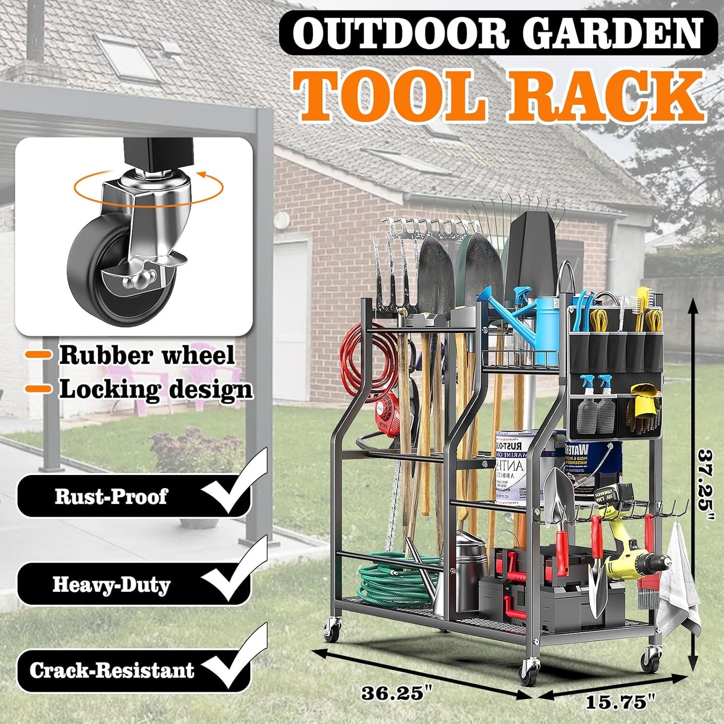 Large Garden Tool Organizer, 36" L x 37.25" H Metal Yard Tool Storage Rack with Multi Tier Shelves, Long-Handle Tool Holder with Wide & Narrow Slots, Hooks & Storage Pockets for Garage