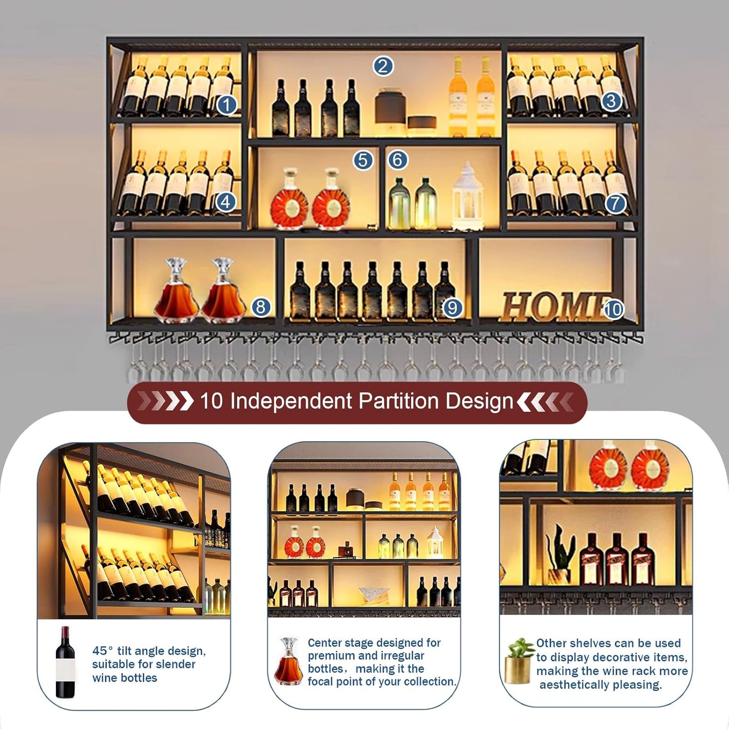 3 Tier Large Wine Rack Wall Mounted with Glass Holder, Black Modern Iron Liquor Shelf, 59.1 Inch Large Wine Bottle Display Shelf, for Kitchen Dining, Home Bar, Cellar (59.1" W)