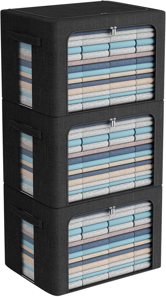 CYhom 3Pack Foldable Storage Bins - Frame Storage Box Linen Fabric Stackable Clothes Container Organizer with Clear Window & Carry Handles Large Capacity (Extra Large-100L, Black)