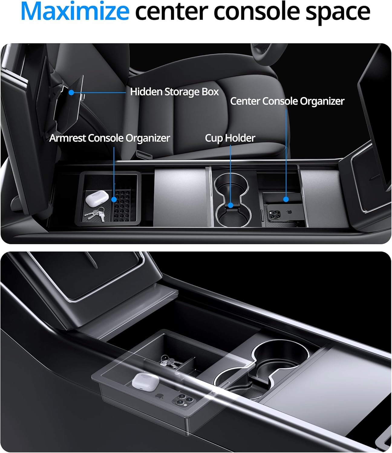 UBeesize Tesla Model Y Juniper Accessories (2025-2026), Center Console Organizer Tray for Model 3 Highland(2024-2025), Double-Layer Sliding Armrest Hidden Storage Box, 5PCS Black