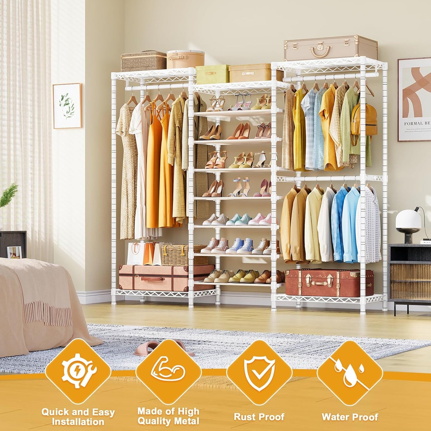 E16 Heavy Duty Clothing Rack（With 7-Tier Adjustable Shoe Rack） Freestanding Clothes Rack for Hanging Clothes，Metal Closet Storage Organizer Large Wardrobe，69'' W x 15.8'' D x 76.2'' H，White