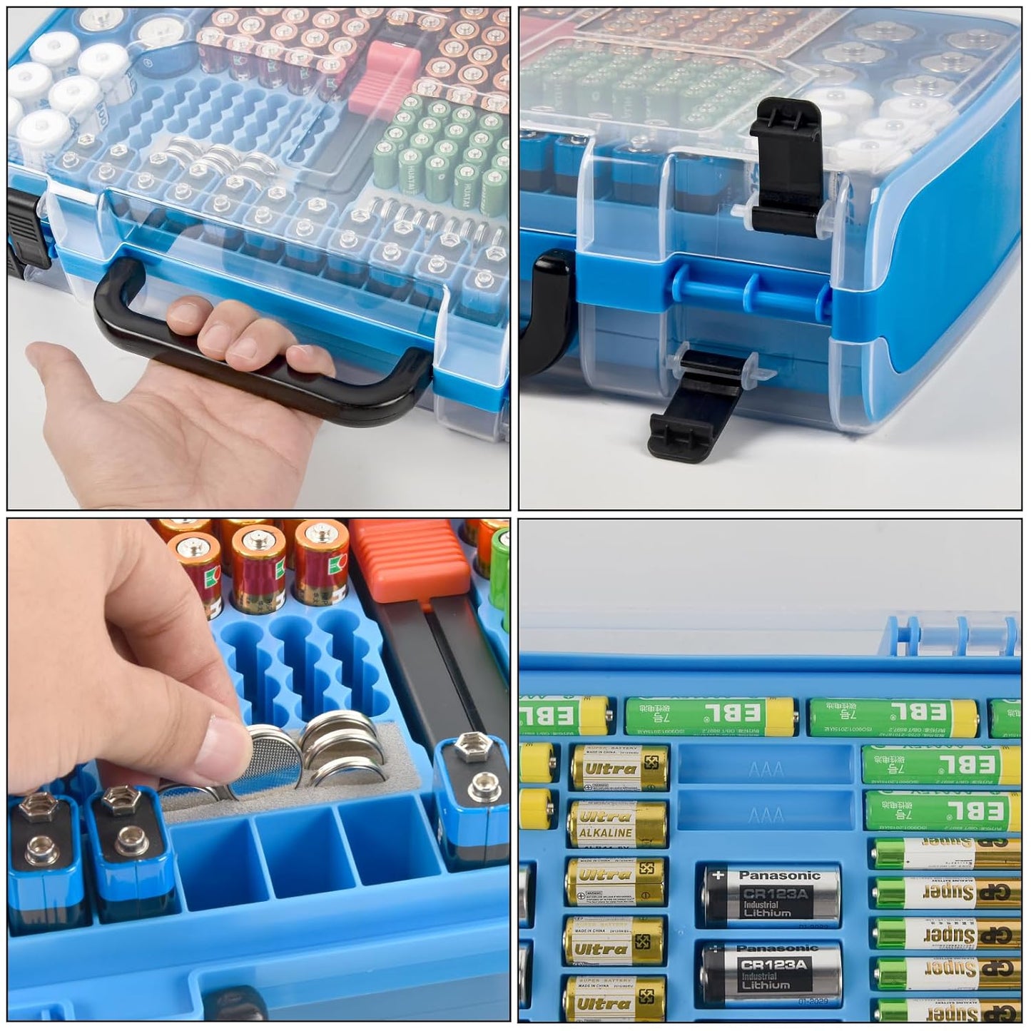 Battery Storage Organizer Case Holder Box with Tester, Double-Sided Batteries Fits for 269 Caddy Container AA AAA AAAA 3A 4A 9V C D Lithium 23A 4LR44 CR123A CR1632 CR2032 - Deep Blue