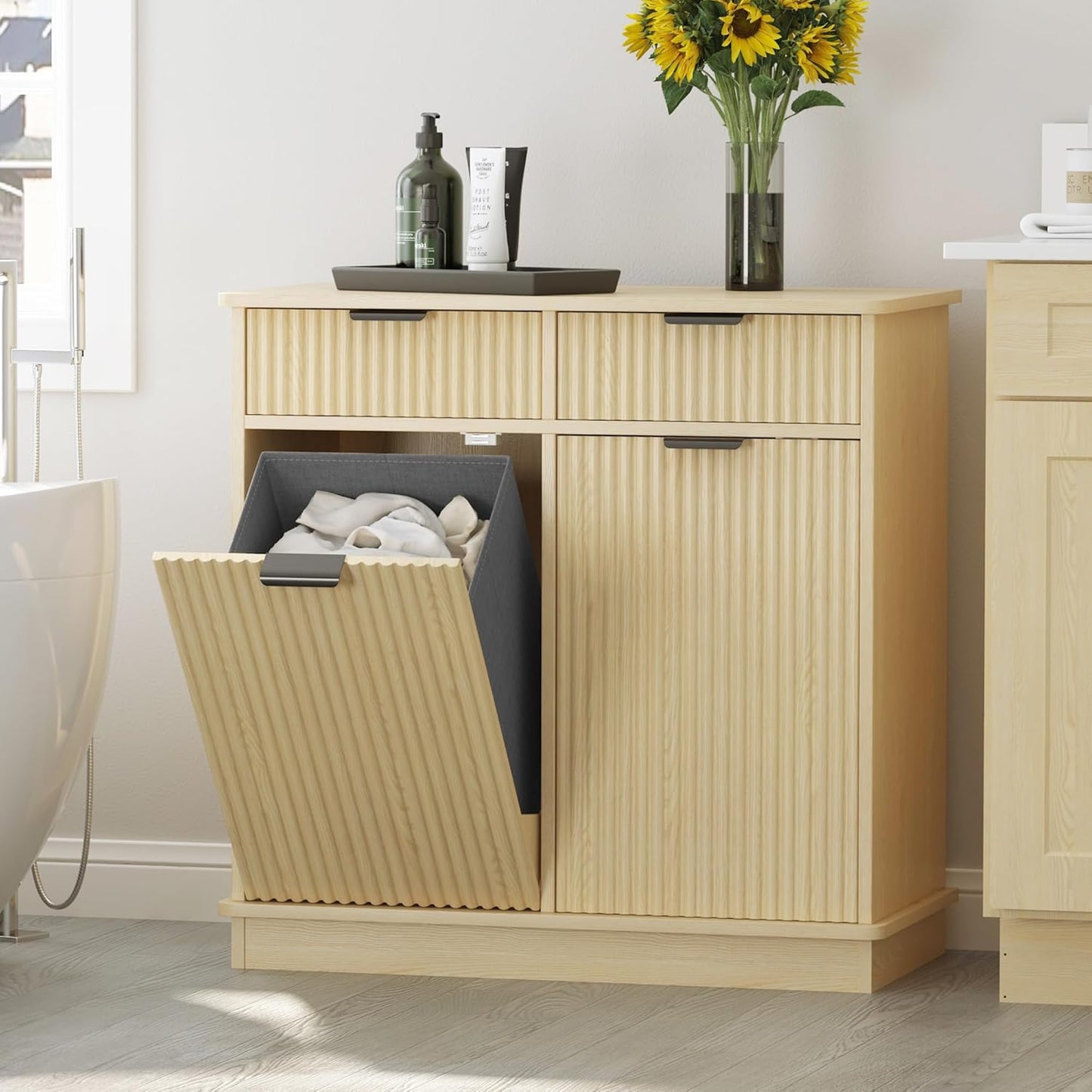 Natural Double Tilt Out Laundry Hamper Cabinet Laundry Basket Cabinet Hidden Laundry Hamper with 2 Drawers & 2 Baskets for Bathroom Bedroom,30x30x16in