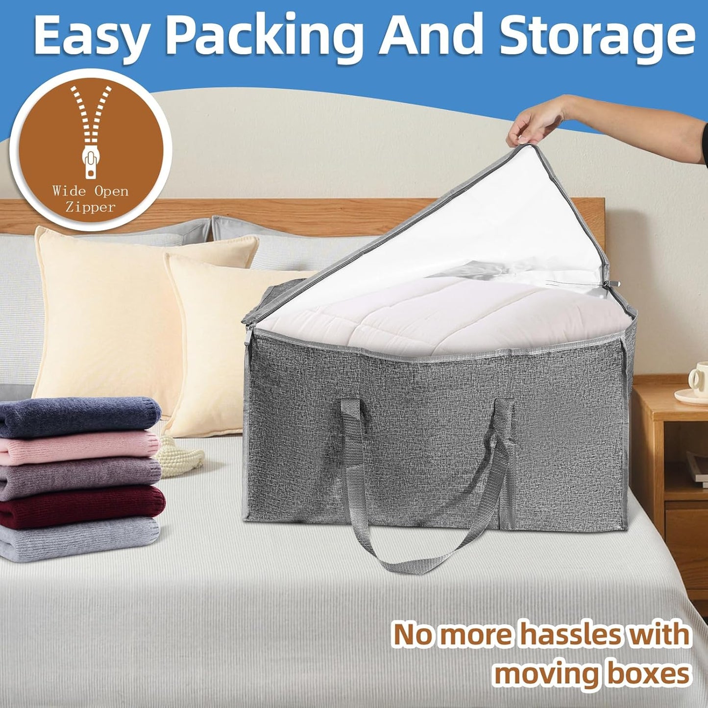 6 Pack-Extra Large Heavy Duty Moving Bags - Waterproof Storage Totes with Handles & Zippers, Foldable for College Dorm, Storage (Gray)