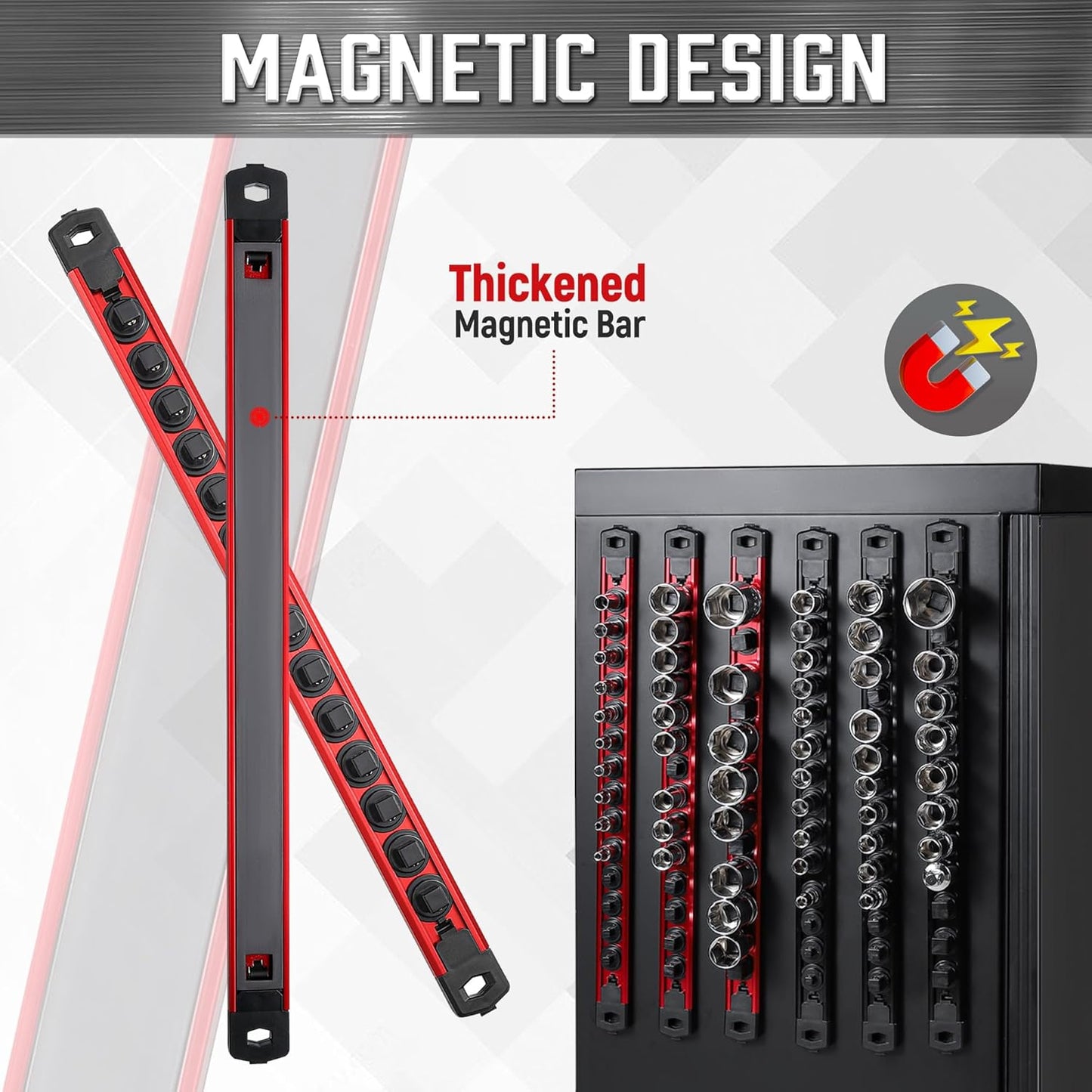 ALOANES 6-Piece Magnetic Socket Organizer, Heavy Duty Aluminum Socket Rails Organizer, 360° Swivel Clips Socket Holder Kit for Tool Box, 1/2, 3/8, 1/4-Inch Socket Holder x 80 Clips (Red)
