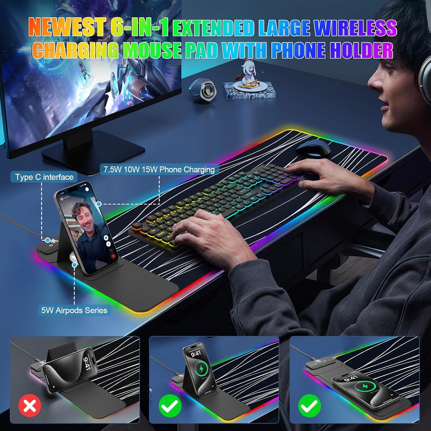 RGB Mouse Pad with Foldable Phone Stand & Wireless Charger, 31.5"x11.8" XL Gaming Mousepad Large Desk Mat, Desk Pad with Dual Charging for Phone & AirPods | 11 Colors & 5 Modes | Waterproof