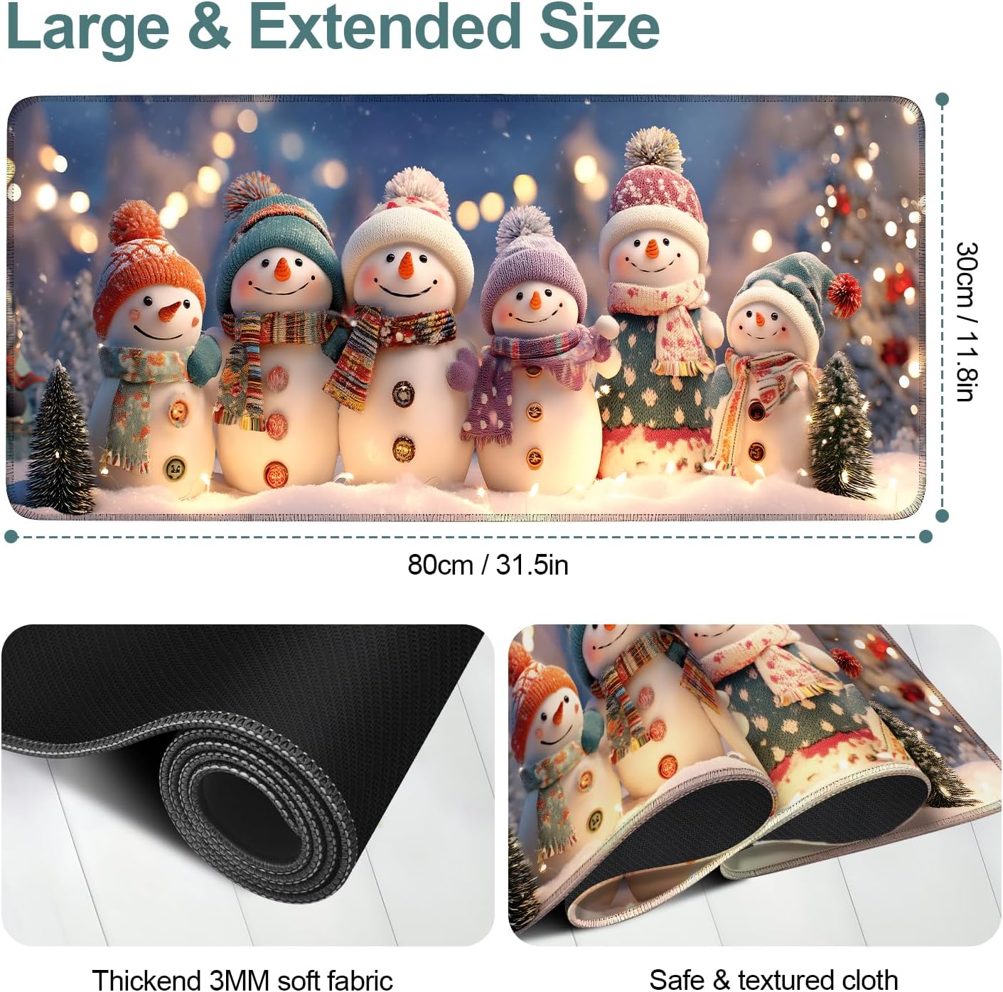 Six Snowmen Gaming Mouse Pad 31.5"x11.8"Desk Mat Anti-Slip Rubber Base & Durable Stitched Edges for Gamers Smooth Mouse Writing Surface for Desk Office/Home