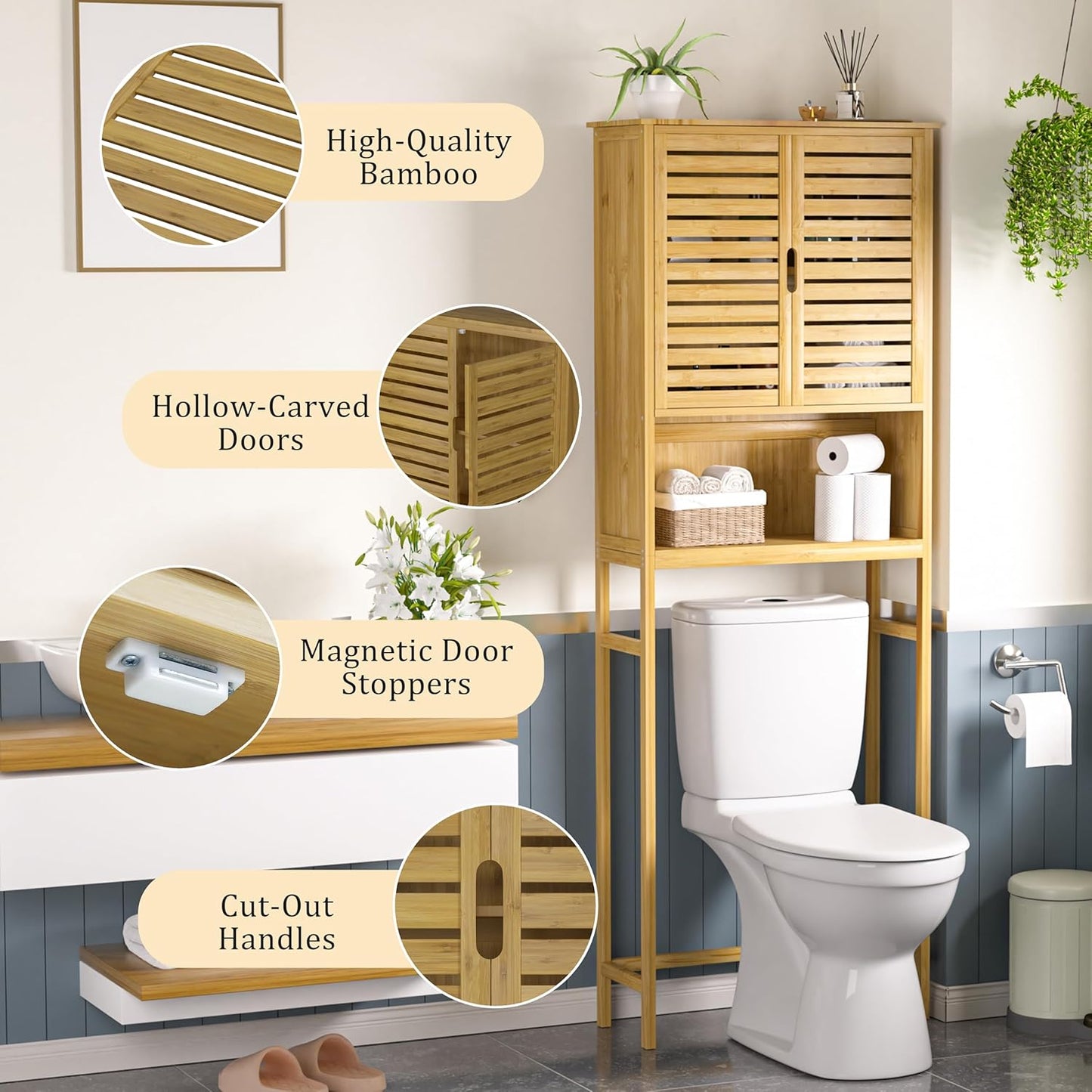 BlueWish Bamboo Over The Toilet Storage Cabinet, Over Toilet Cabinet with Anti-toppling Design, Adjustable Slats, Over-The-Toilet Storages, Bathroom Storage Cabinets for Bathroom, Laundry