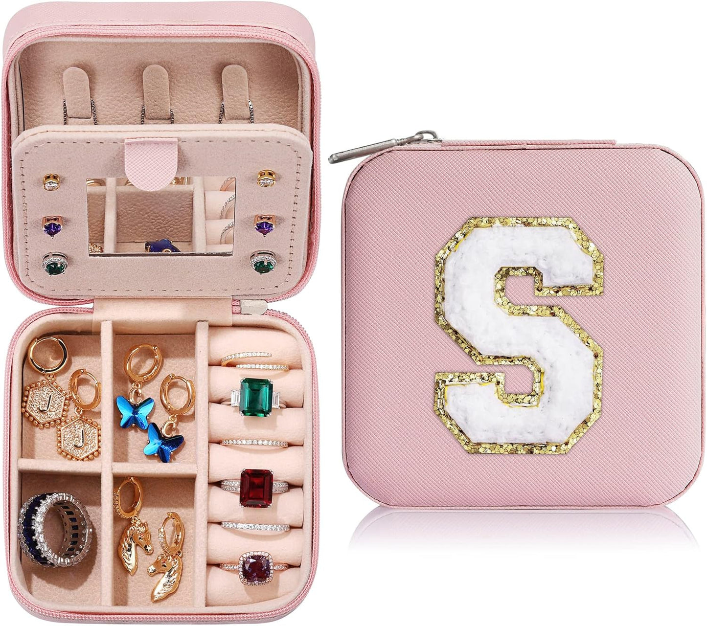 Parima Christmas Stocking Stuffers Gifts for Teenage Girls Women - Travel Jewelry Case for Mother Gifts | Travel Gifts for Mother Mom | Small Jewelry Box | Jewelry Travel Organizer - Letter T, Pink