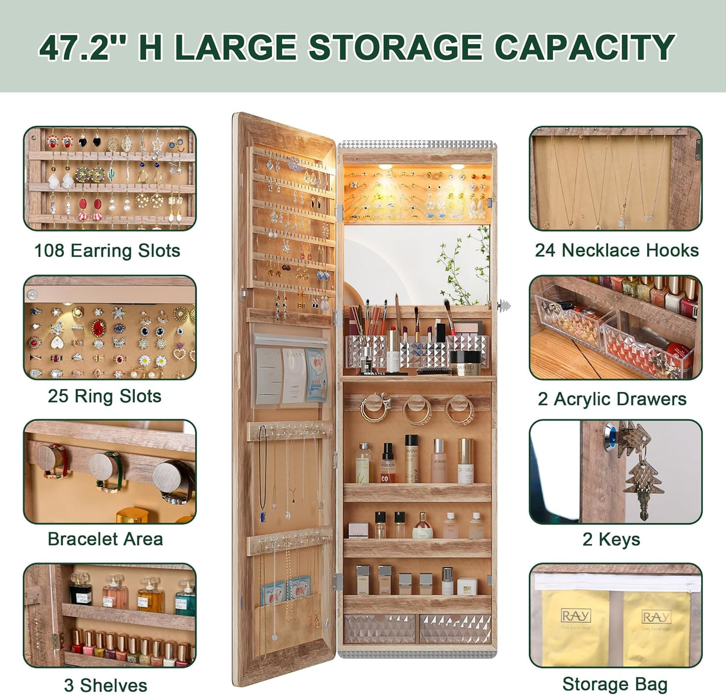 HNEBC LED Mirror Jewelry Cabinet,47.2" Wall Mounted Jewelry Organizer with Full-Length Mirror,Over The Door Hanging Jewelry Armoire Storage Cabinet,Folding Dresser,2 Drawers,Lockable, 3 Shelves(Wood)
