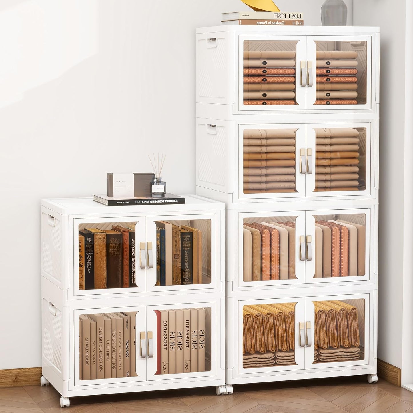 Large Clear Stackable Storage Bins with 2 Lids, Foldable Storage Cabinet for Closet Organizers and Storage, Plastic Storage Box with Wheels 597 QT
