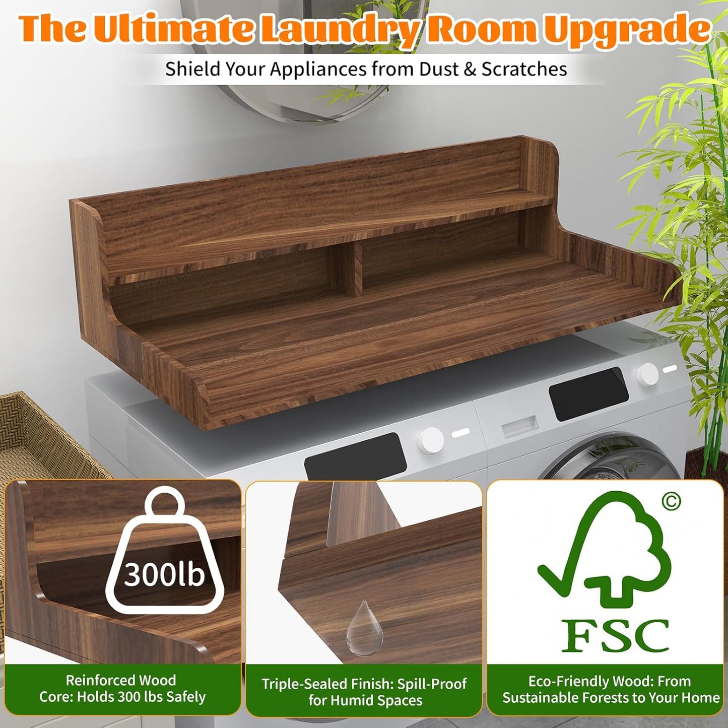 2-Tier Washer Dryer Countertop, Wood Laundry Countertop with Edge, 54" x 27.5" Top Cover for Laundry Machine, Washer and Dryer Wood Shelf Topper for Laundry Room Counter Storage Organization, Walnut