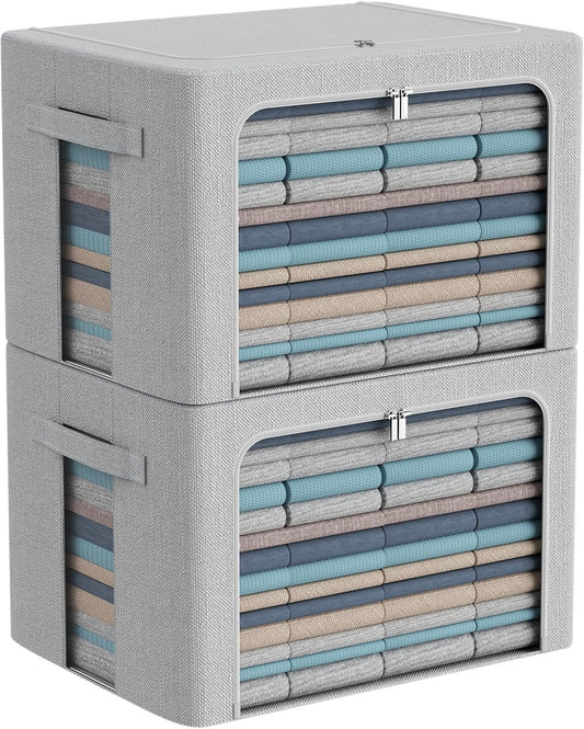 CYhom 2Pack Extra Large Clothes Storage Bins Box - Linen Fabric Foldable Stackable Container Organizer Set with Clear Window & Carry Handles & Metal Frame (Light Grey, Extra Large-100L)