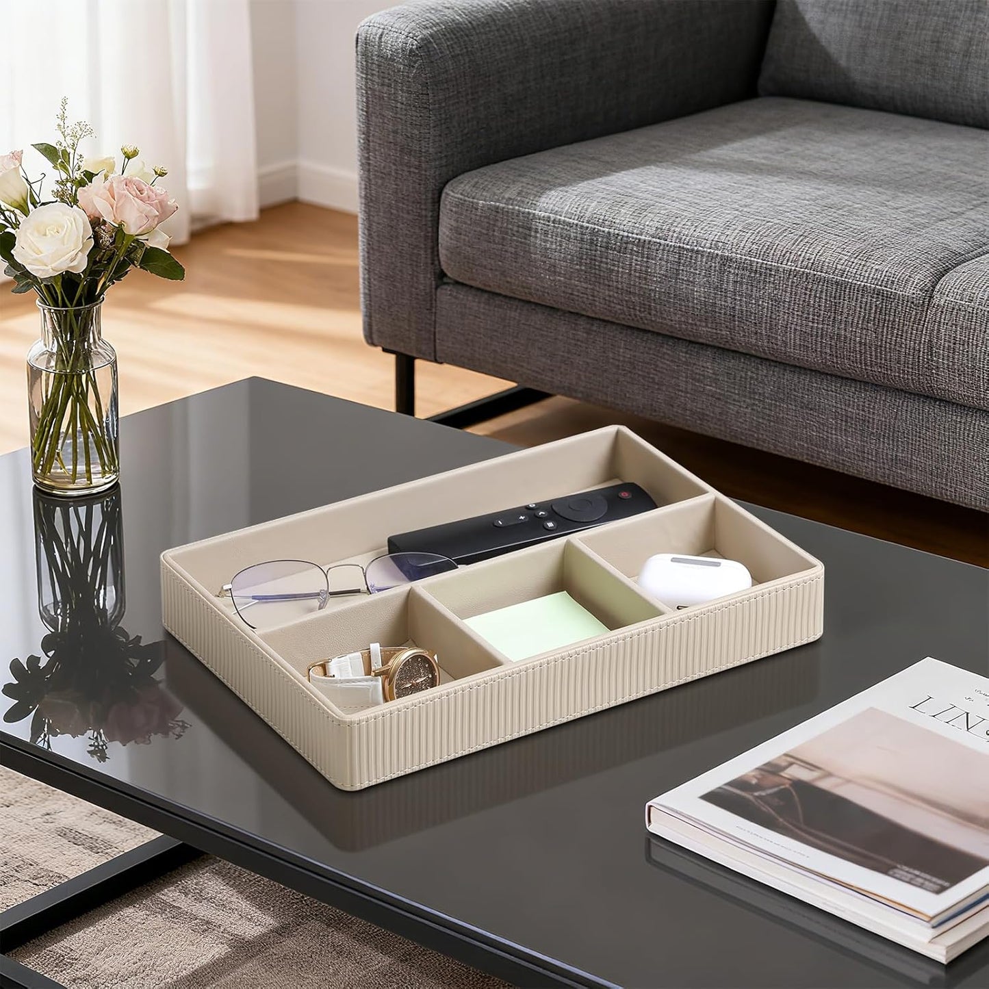 PU Leather Valet Tray, Decorative Trinket Vanity Desk Drawer Organizer Tray, Perfume Dish Catch All Bowl for Keys, Nightstand Drawer Organizer Women Men with 4 Compartments (Beige)