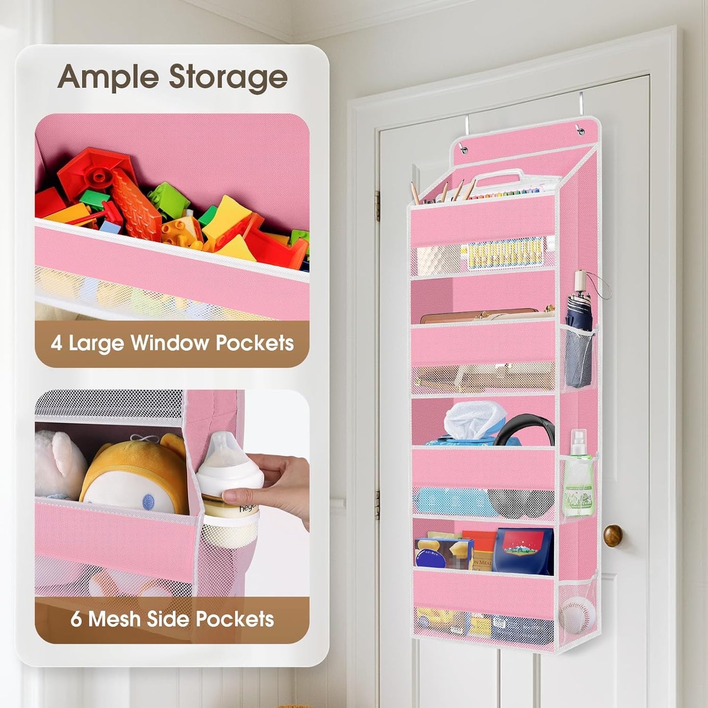 2 Pack Over The Door Organizer Hanging Storage Organizers with Clear Window 40lb Large Capacity Room Organizer for Pantry Laundry Bathroom Nursery Closet(Pink)
