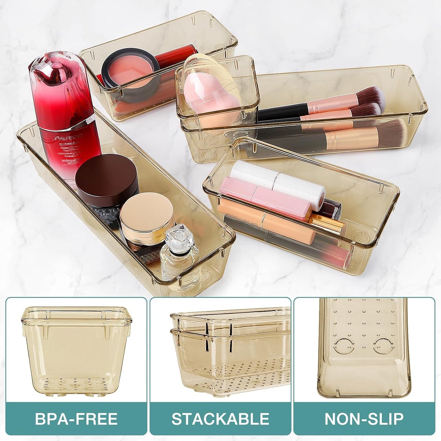 23 PCS Drawer Organizer Set, 5 Varied Size Bathroom and kitchen Drawer cabinet organizer Trays, Clear Storage Bins for Makeup, Jewelry, Utensils and Gadgets, Champagne