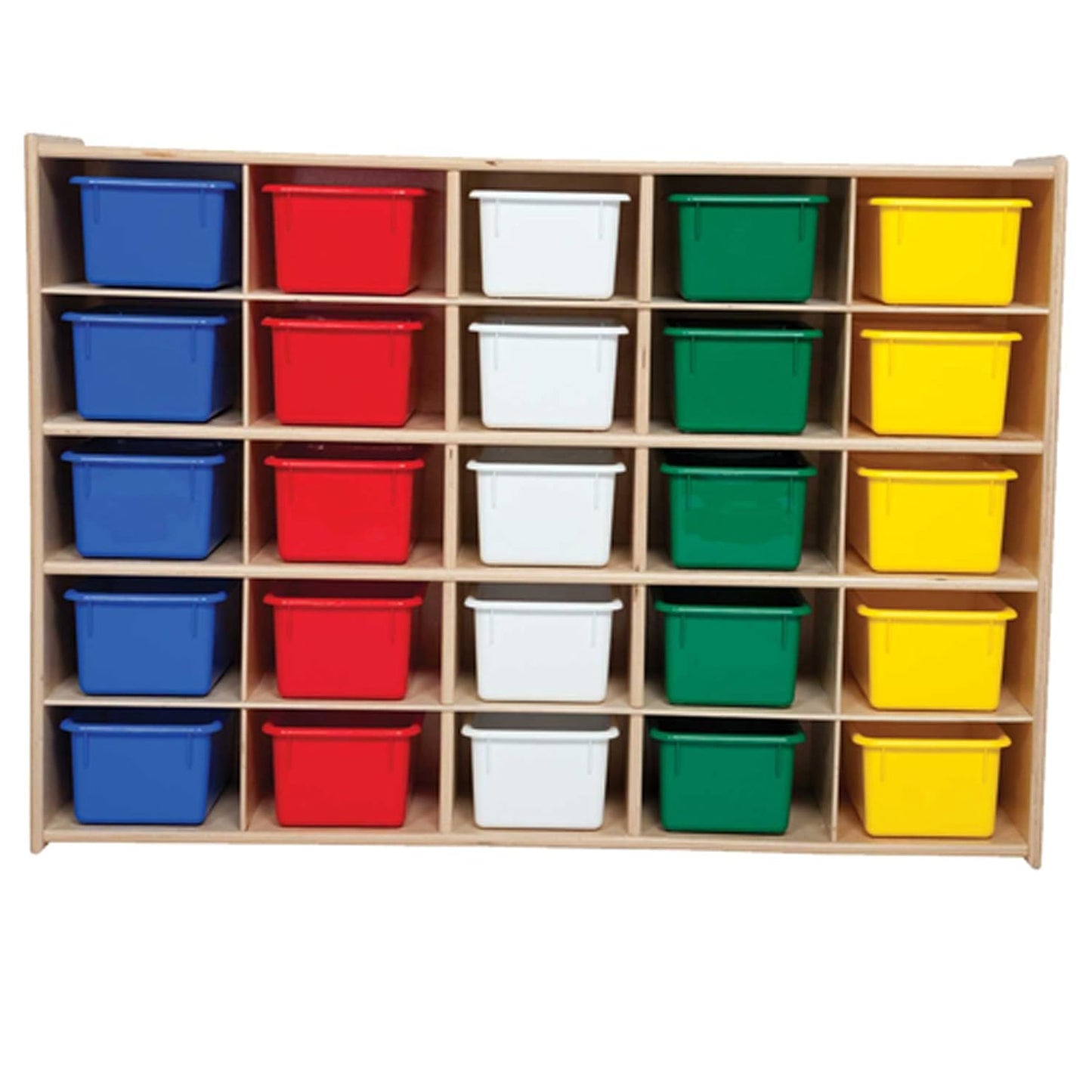 Contender 25 Cubbies Kids Storage Organizer with Assorted Bins, Toddler Friendly Natural Birch Wooden Cabinet for Books, Art, and Craft Supplies [Fully Assembled]