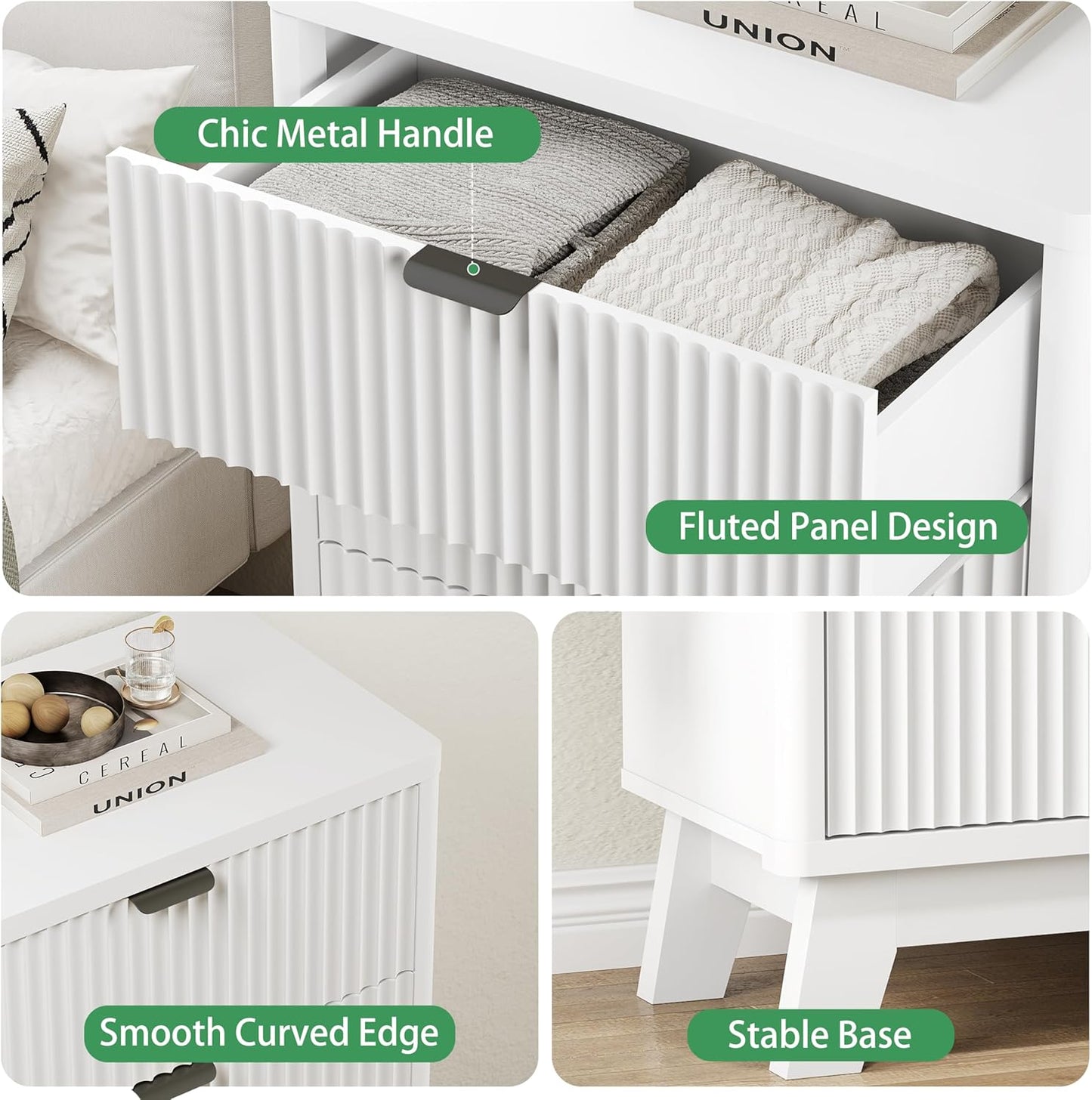 Fluted Nightstand with 3 Storage Drawers, 24" Wide Wood Bedside Table with Mental Handle, Mid Century Modern Wooden Side Table Night Stand, Curved End Table for Bedroom, Living Room, White