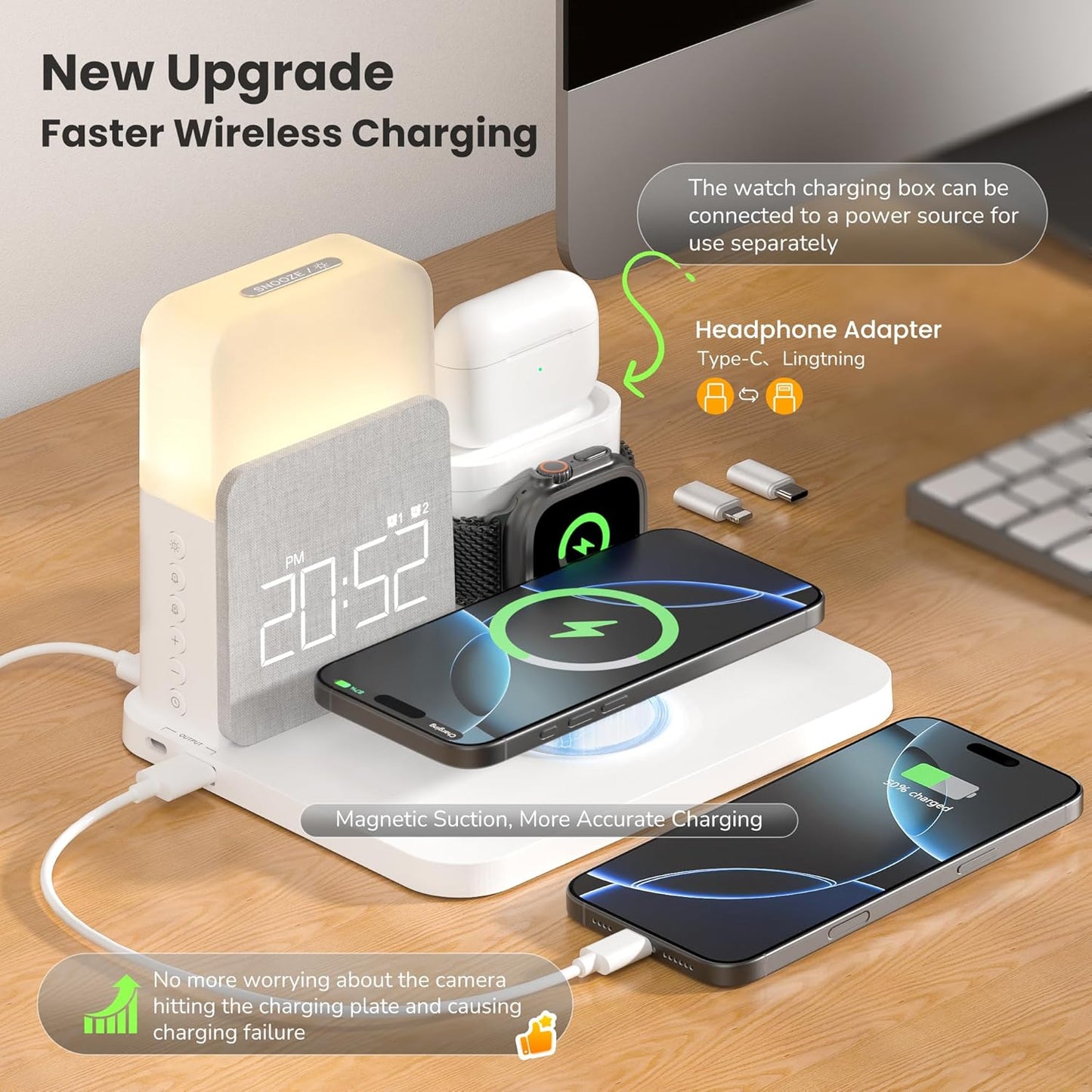 Alarm Clock with Wireless Charger for Bedrooms, 6 in 1 Wireless Charging Station, Magnetic Charger with Night Light Bedside Clock for iPhone 17 16 15 14 13 12 Pro Max, Apple Watch, AirPods