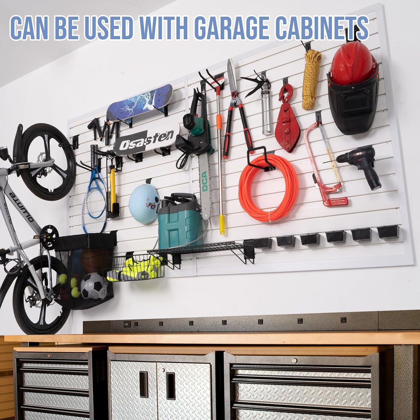 Slatwall Panels 4'x 4' Garage Slat Wall Storage Systems, Slat Wall Paneling Garage Wall Organizer, White Slat Board PVC Wall Panels Slatwall Displays Garage Tool Organizer Wall Mount Ladder Bike Rack