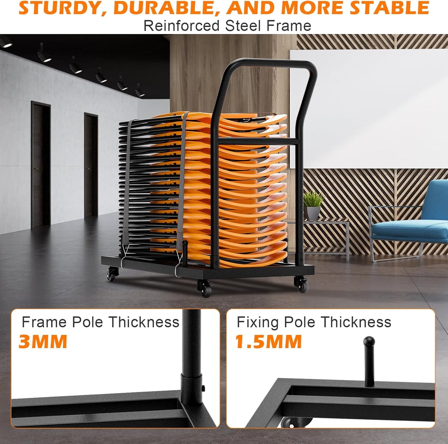 Heavy-Duty Folding Chair Rack Storage Cart - Holds 25-28 Chairs, 300 LB Capacity with Locking Wheels & Space-Saving Vertical Design, Matte Black