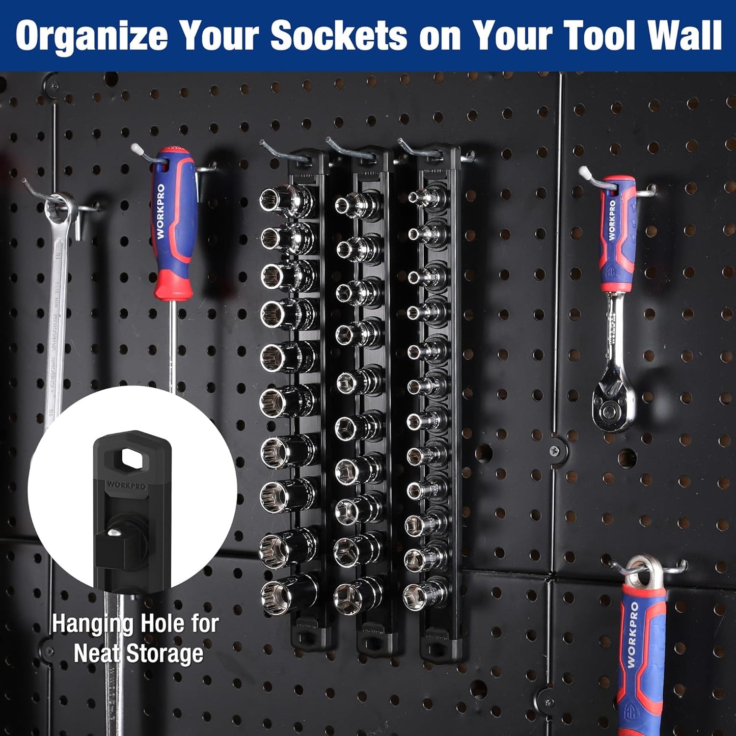 WORKPRO Magnetic Socket Organizer, 3/8-Inch Drive Aluminum Alloy Socket Rail, Heavy Duty Socket Holder, Socket Rack Kit 3/8-Inch x 10 Clips Black (Socket not Included)