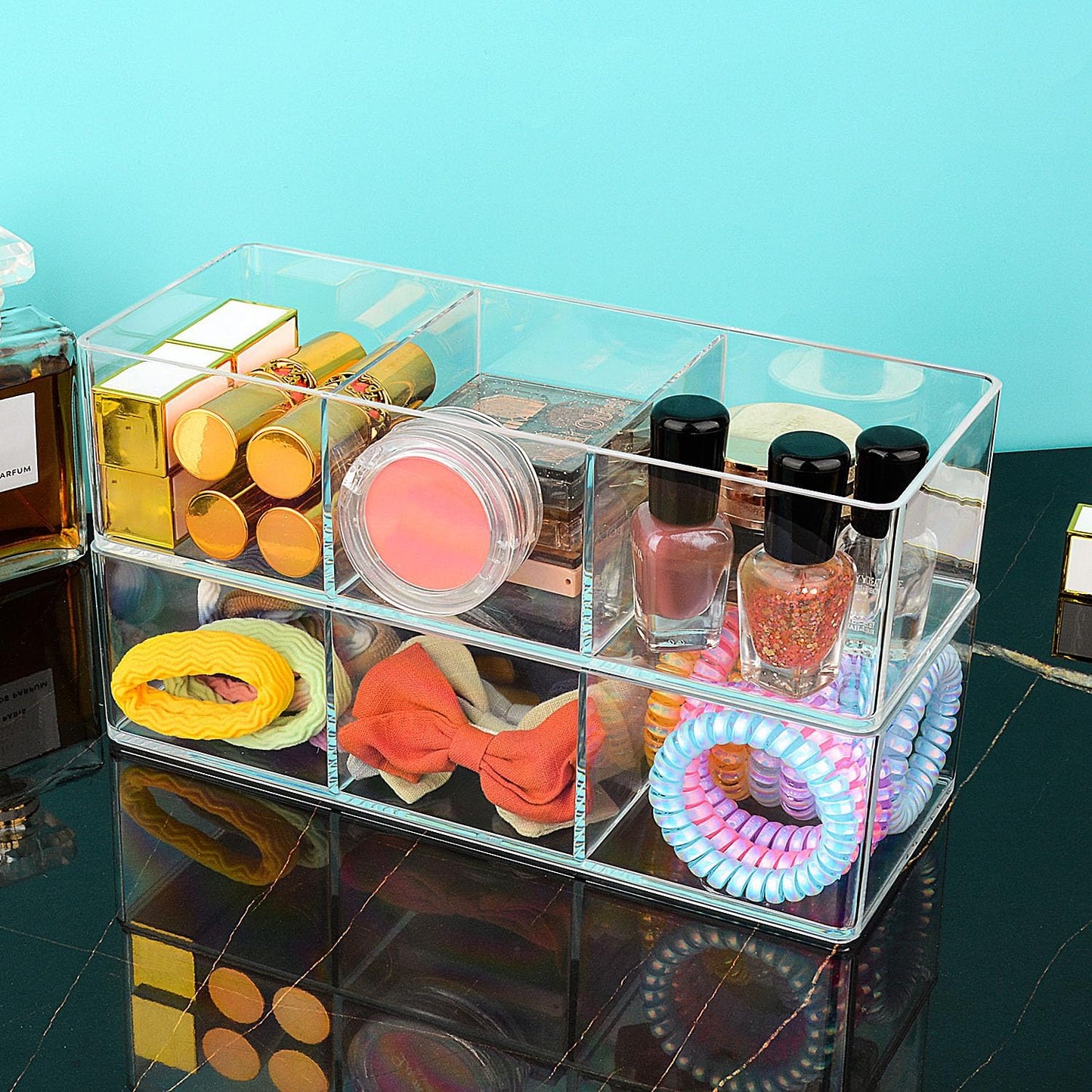 JessLab Acrylic Organizers, Bathroom Organizer for Drawer, 4-Pack Cosmetic Display Cases for Vanity, Countertop, Desk, Kitchen, and Makeup Storage, 3 Compartment