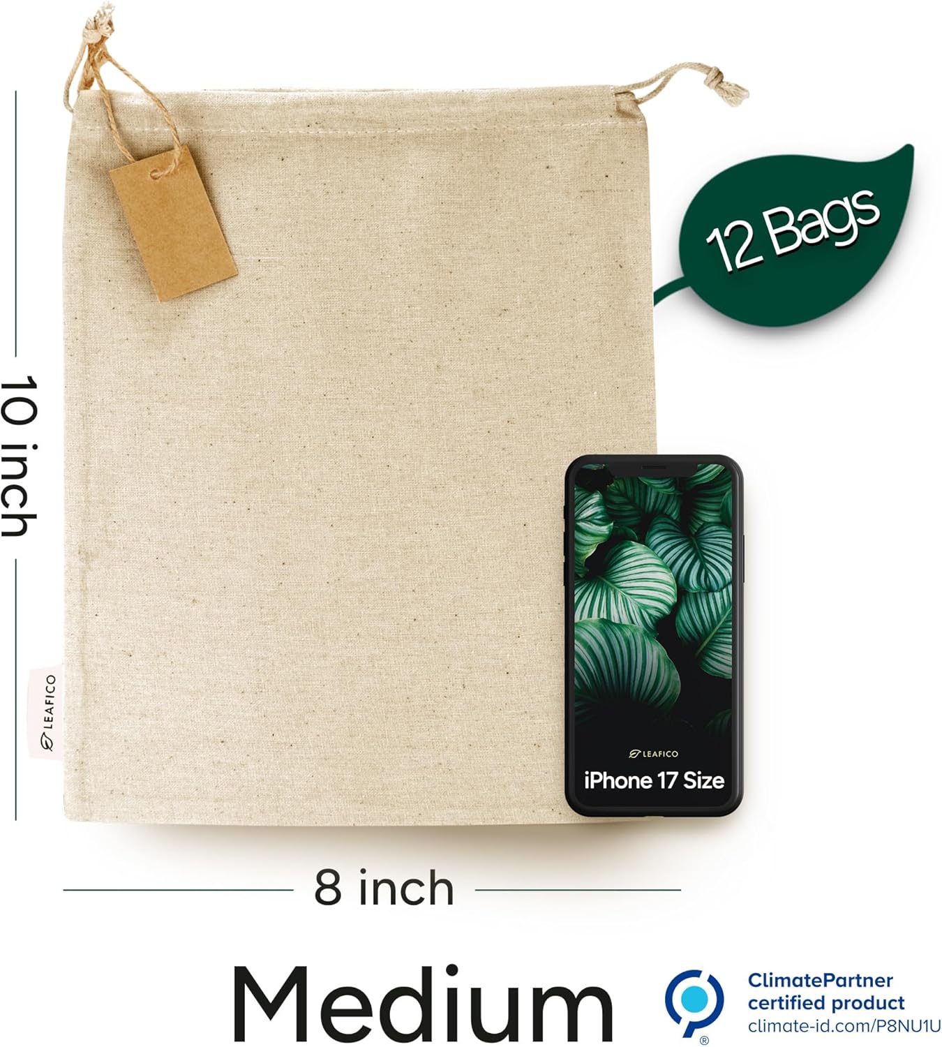 LEAFICO Organic Cotton Produce Bags - Medium 8x10 Inch (12 Bags) - Reusable Muslin Storage Bags with Drawstrings - Biodegradable Canvas Fabric - Perfect for Snacks, Clothes