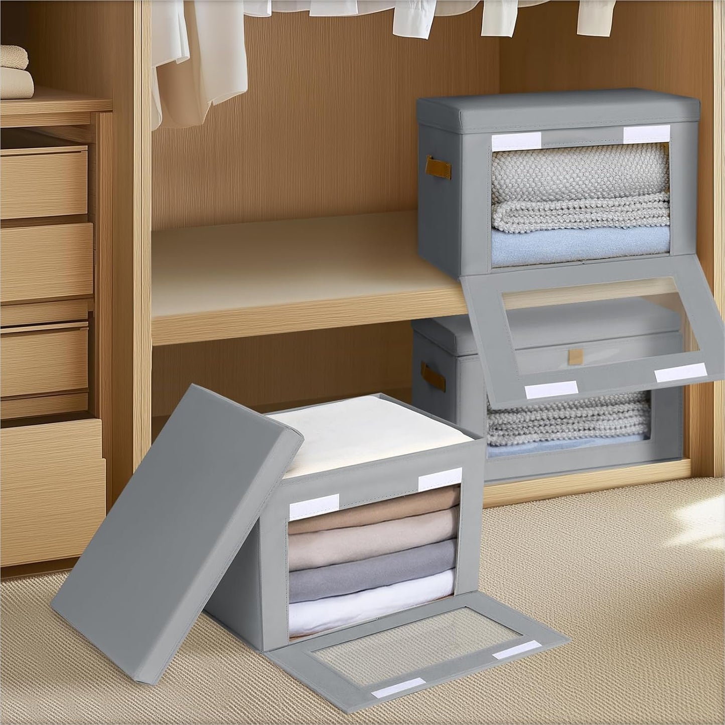 Small Fabric Storage bins - Collapsible Storage Bins with Open Window, 6 Pack Closet Baskets for Shelves, Stackable Decorative Boxes for Home, Dorm, Grey, 13.7"x 9.8" x 9.8"