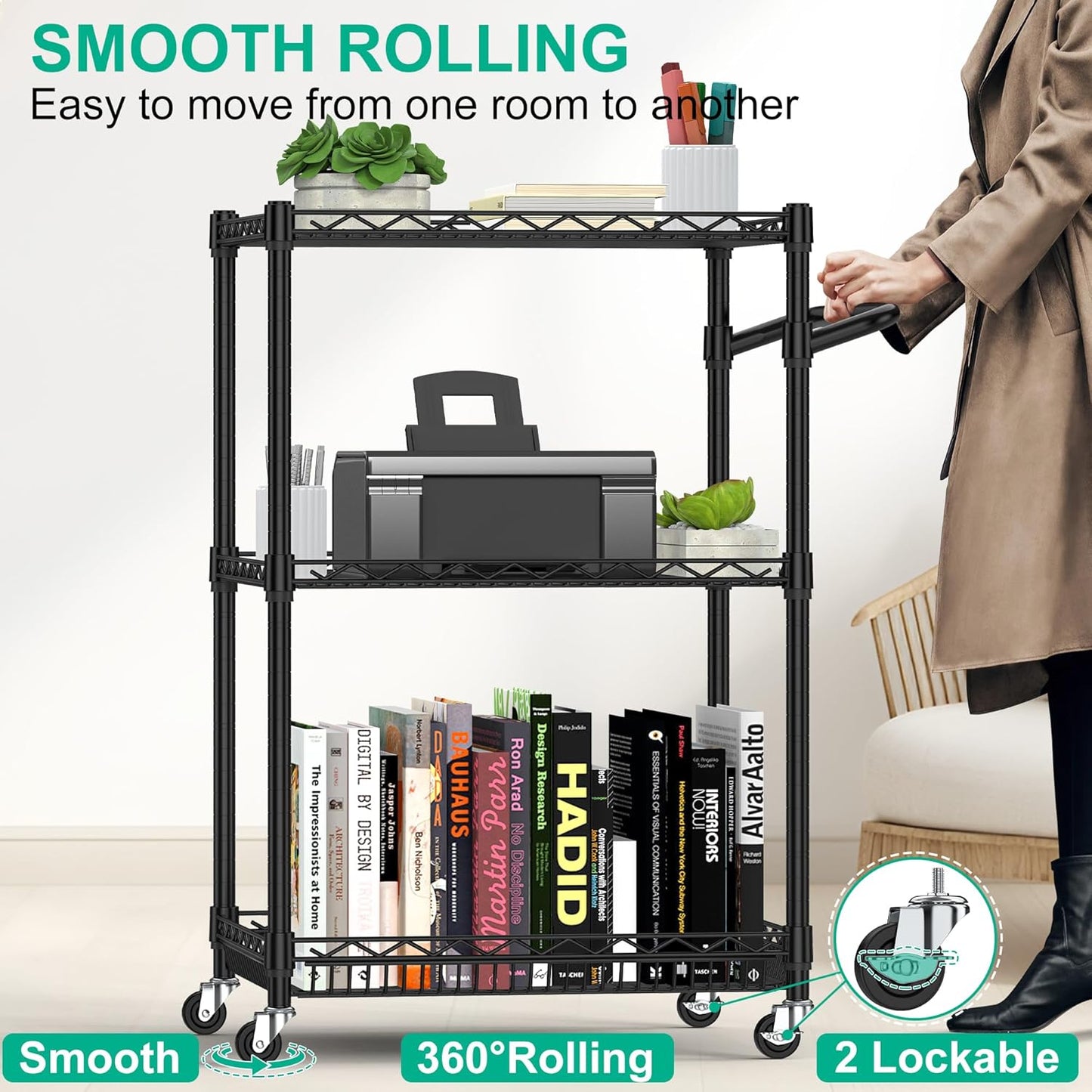 3 Tier Rolling Cart with Wheels, Metal Utility Cart for Storage Heavy Duty Wire Trolley for Kitchen Serving Grocery Food with 3 Shelf Liners 6 Hooks, 18 x 23.8 x 37 Inches, Black