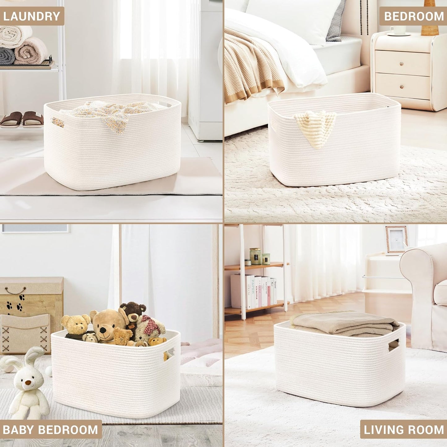 86L Large Baby Girls Laundry Basket for Nursery Storage,Cute Woven cotton Rope Baskets for Kids Toy，Gifts, Boho Square Wicker Blanket hamper for Living Room,Bedroom Dirty Clothes, White