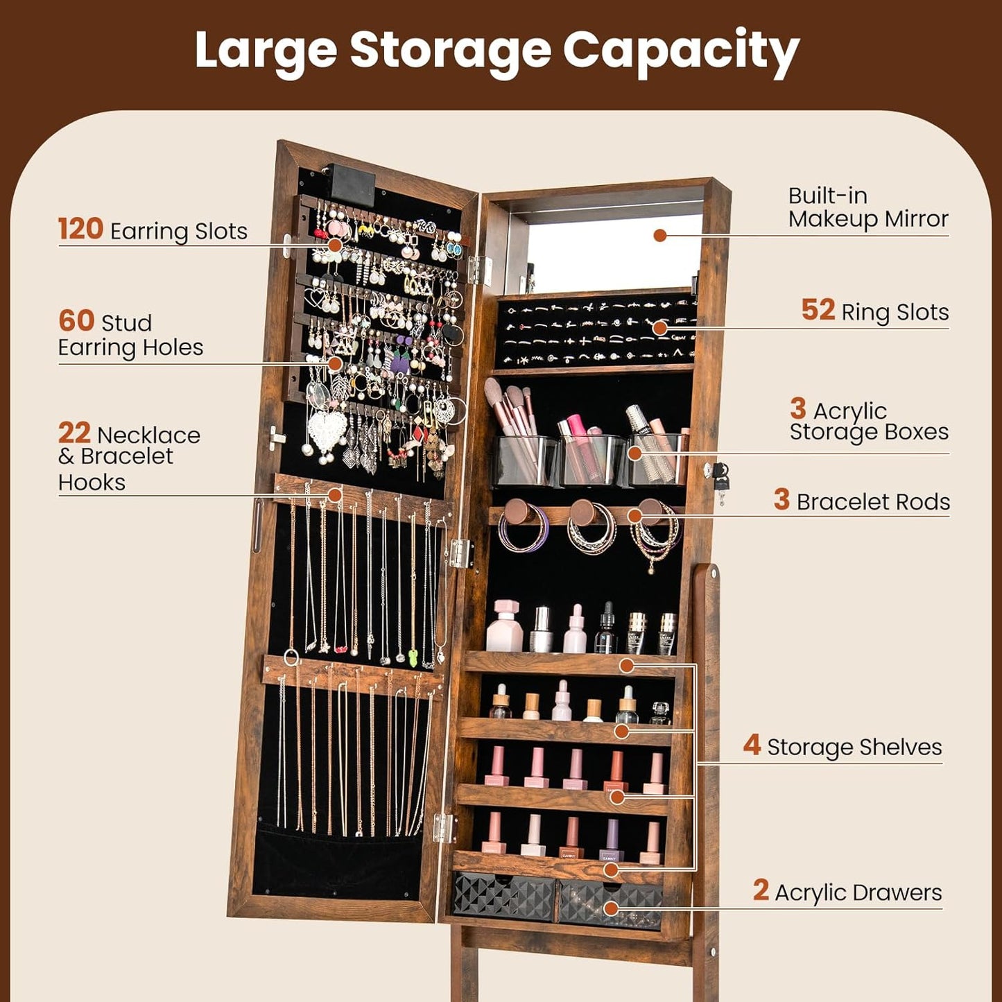 Giantex Standing Jewelry Armoire with Lighted Full Length Mirror, Lockable Jewelry Cabinet Organizer with 20 LED Lights, Adjustable Tilt, Large Storage for Earrings, Rings, Necklaces, Rustic Brown