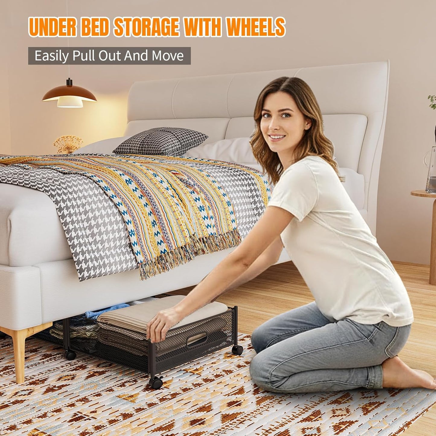 Under Bed Storage With Wheels, 47.2''/90lbs/57.6L, Metal Frame Under Bed Rolling Storage, Tool-Free Assembly Underbed Drawers, Underbed Organizer Containers for Shoes, Clothes and Toys (2 Pack)