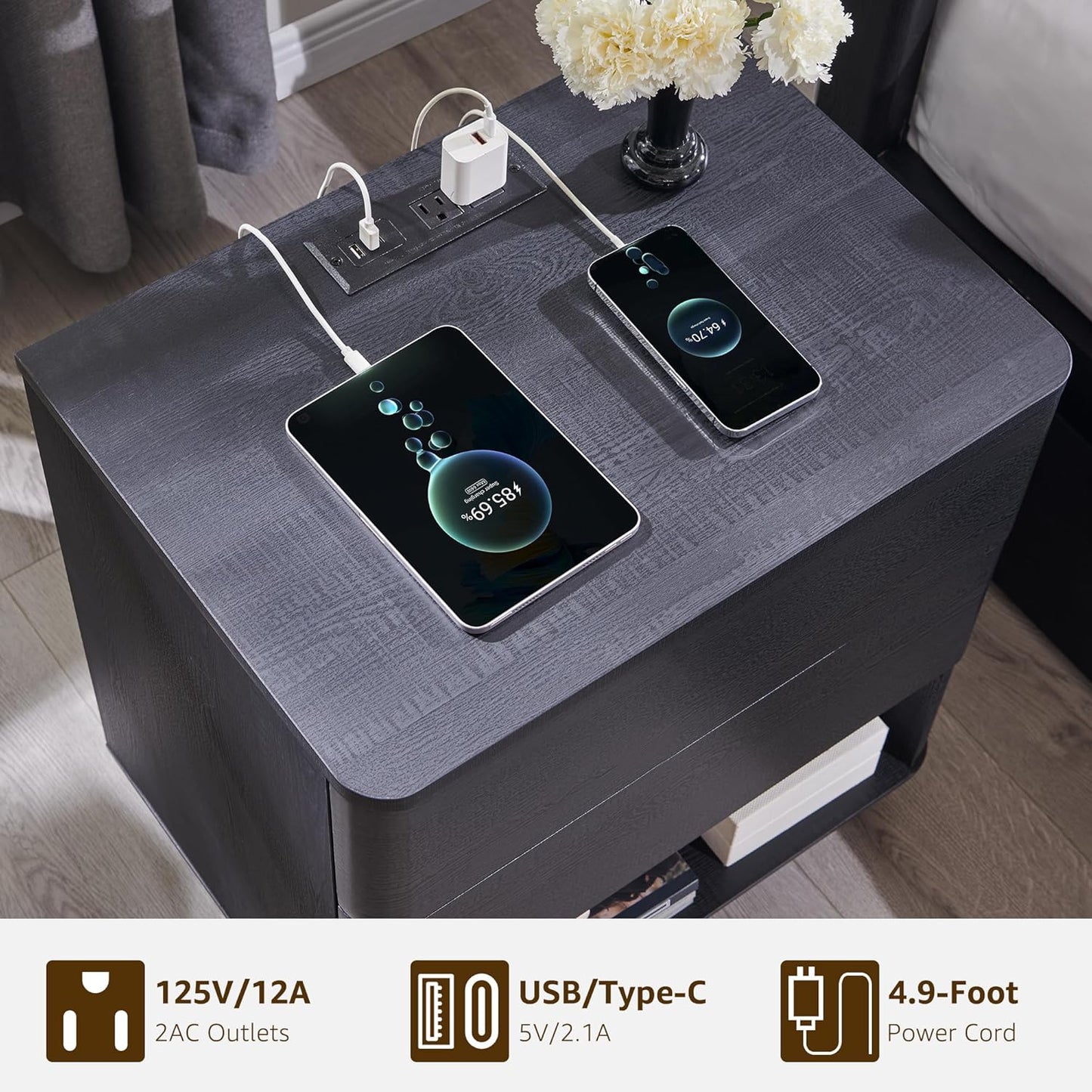 ACCOHOHO Nightstand Set of 2 with Charging Station, 22" Large Modern Bedside Table with 2 Drawers Storage,Push-to-Open End Table for Bedroom,Living Room,Black