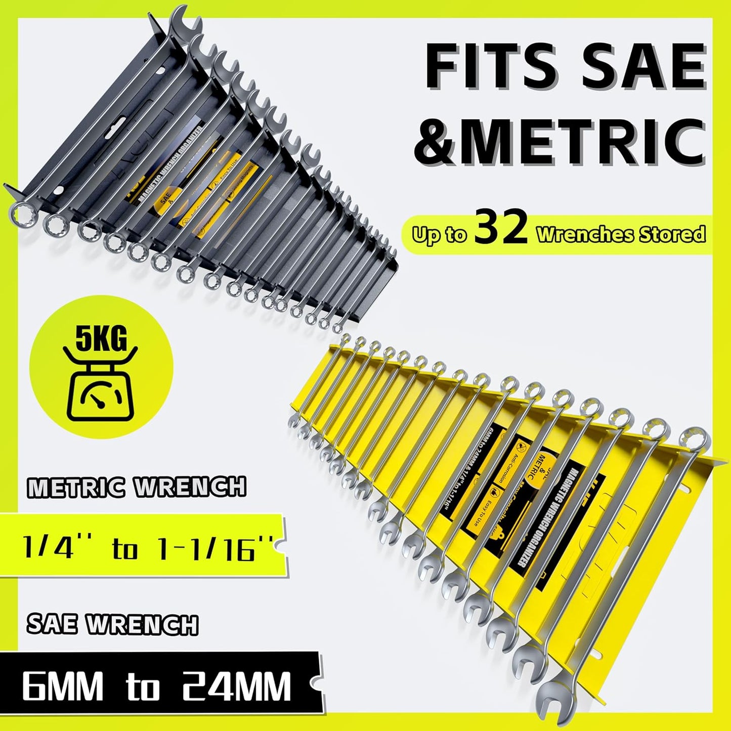 KJE 2Pack Magnetic Wrench Organizer, 32-Slot Wrench Rack Tool Trays, Magnetic Wrench Set Holder SAE(1/4" - 1-1/16") and Metric(6MM-24MM)