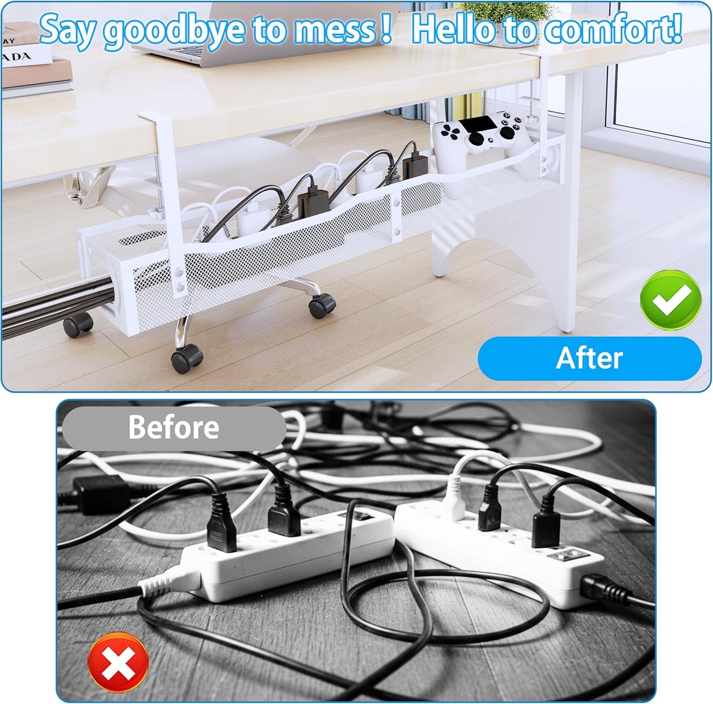 No Drill Under Desk Cable Management Tray, SONATURE 25.3" Cord Organizer for Table, Clamp Mount Desk Cable Management, Premium Carbon Steel Cable Organizer for Office, Home (White)