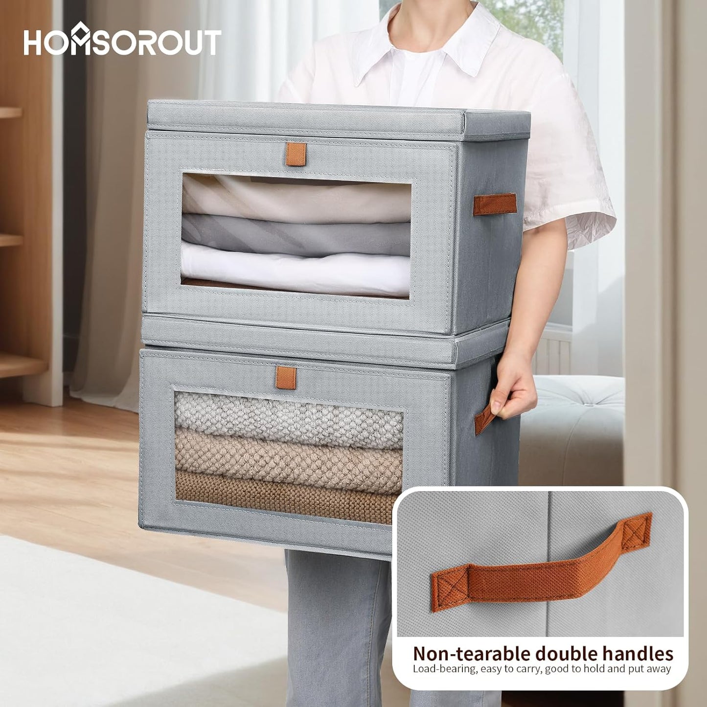 Large Closet Storage Organizer - Clothes Storage Bins with Handles & Window, Collapsible Decorative Boxes with Lids, Fabric Containers for Living Room, Dorm, 2 Pack, Grey
