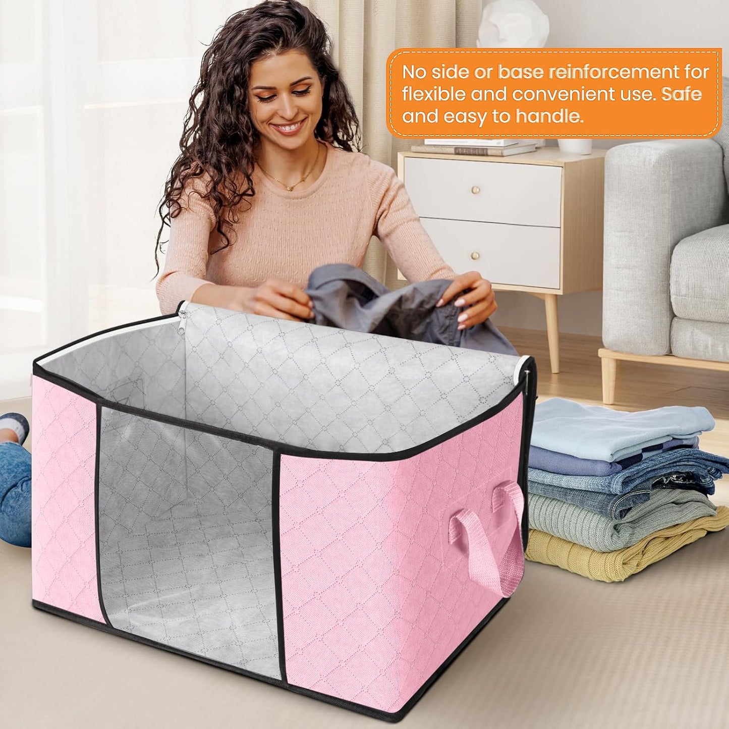 Fab totes 24 Gallons Clothes Storage, Foldable Thick Fabric Blanket Storage Bags, Containers for Organizing Bedroom, Closet, Clothing, Comforter, Organization with Handle (3 Pack,Pink)