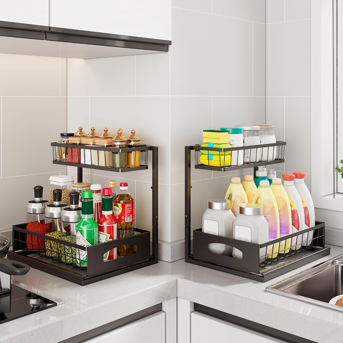 Under Sink Organizer , 2 Pack Height Adjustable Cabinet Organizer with Slide Out Drawer, Pull Out Under Sink Storage, Multi-Purpose 2 Tier Sink Shelves for Kitchen Bathroom Pantry (Black, 2 Pack)