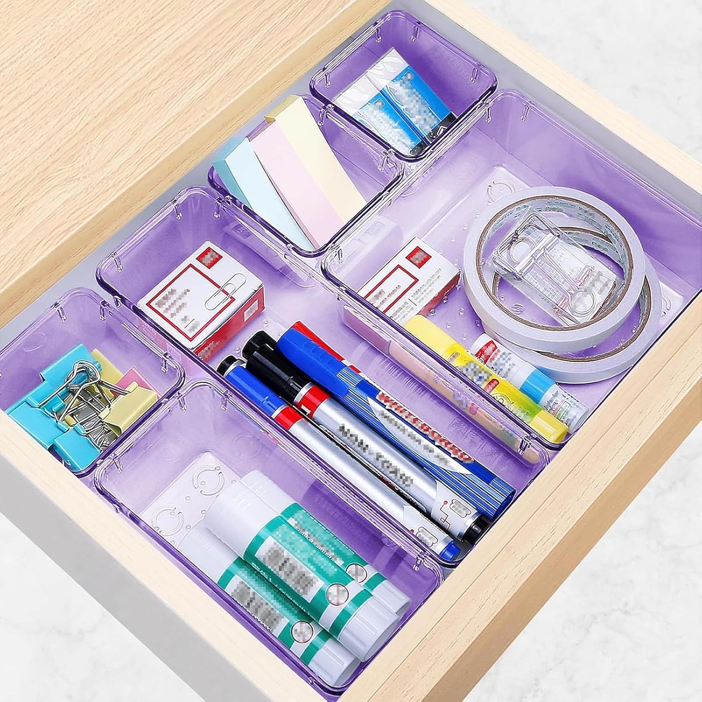 25 PCS Drawer Organizer Set, 4 Varied Size Bathroom and kitchen Drawer cabinet organizer Trays, Clear Storage Bins for Makeup, Jewelry, Utensils and Gadgets， Purple