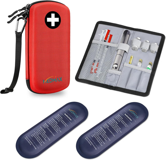 Hard Shell Insulin Cooler Travel Case with 2 Ice Pack, Shock Absorption Insulated Diabetic Medication Organizer Carrying Bag with Extra Pouch for Insulin Pen and Other Diabetic Supplies, Red