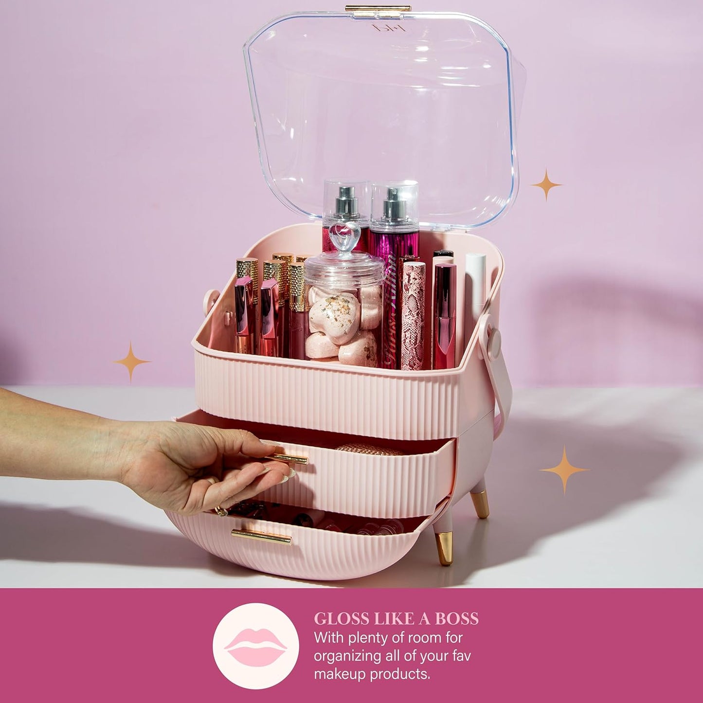 Paris Hilton Makeup Storage Organizer with Lid, Cosmetics and Skincare Organizer for Vanity, Portable Makeup Storage Box for Countertop, Fluted Design with Gold Accents, Pink