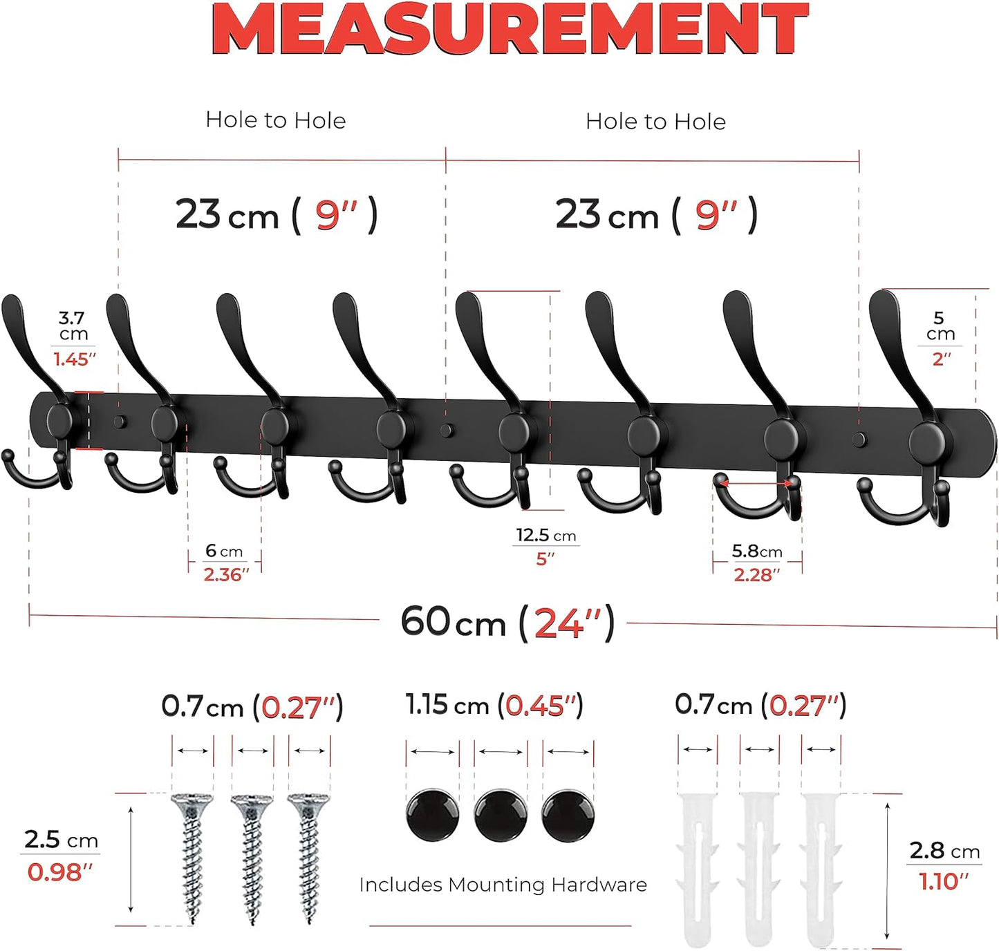 Coat Rack Wall Mount with 8 Tri Hooks, Stainless Steel 24 Inch – Black Matte Finish, Heavy Duty Wall Mounted Hook Rack for Coats, Hats, Towels, Scarfs, Robes, Bags, Entryway & Bathroom