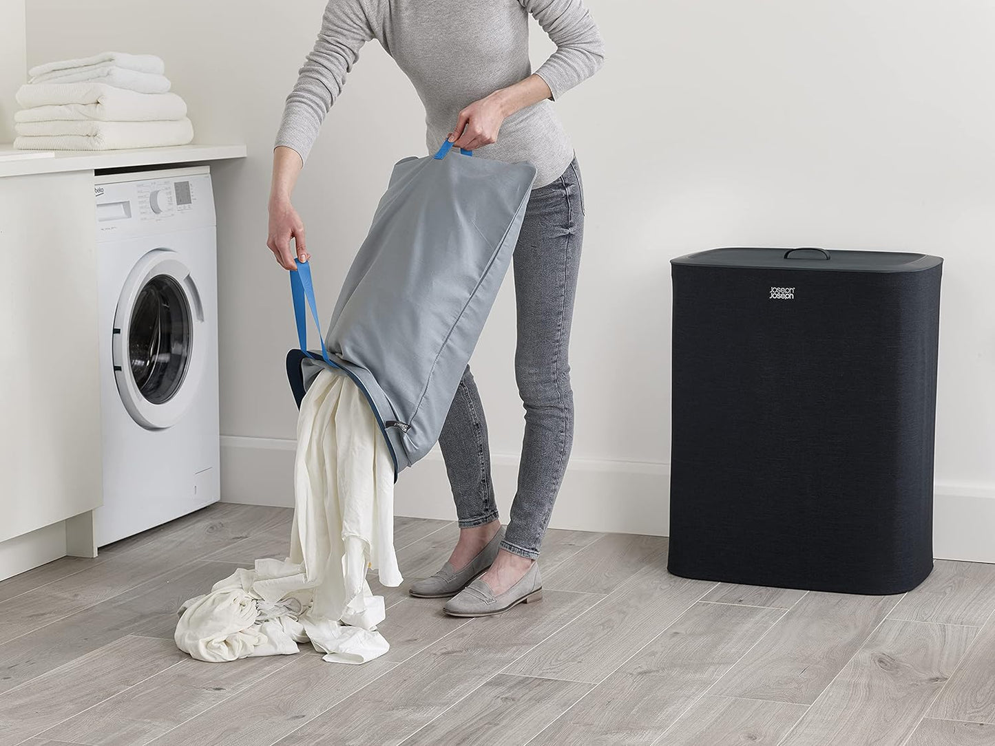 Joseph Joseph Tota 90 liter/23.8 gallon Laundry Hamper Separation Basket with lid, 2 Removable Washing Bags with Handles - Black