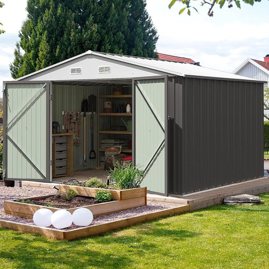 Furniwell 10x8 FT Outdoor Storage Shed, Metal Garden Sheds Outdoor Storage House with Single Lockable Door for Backyard Patio Lawn, Gray