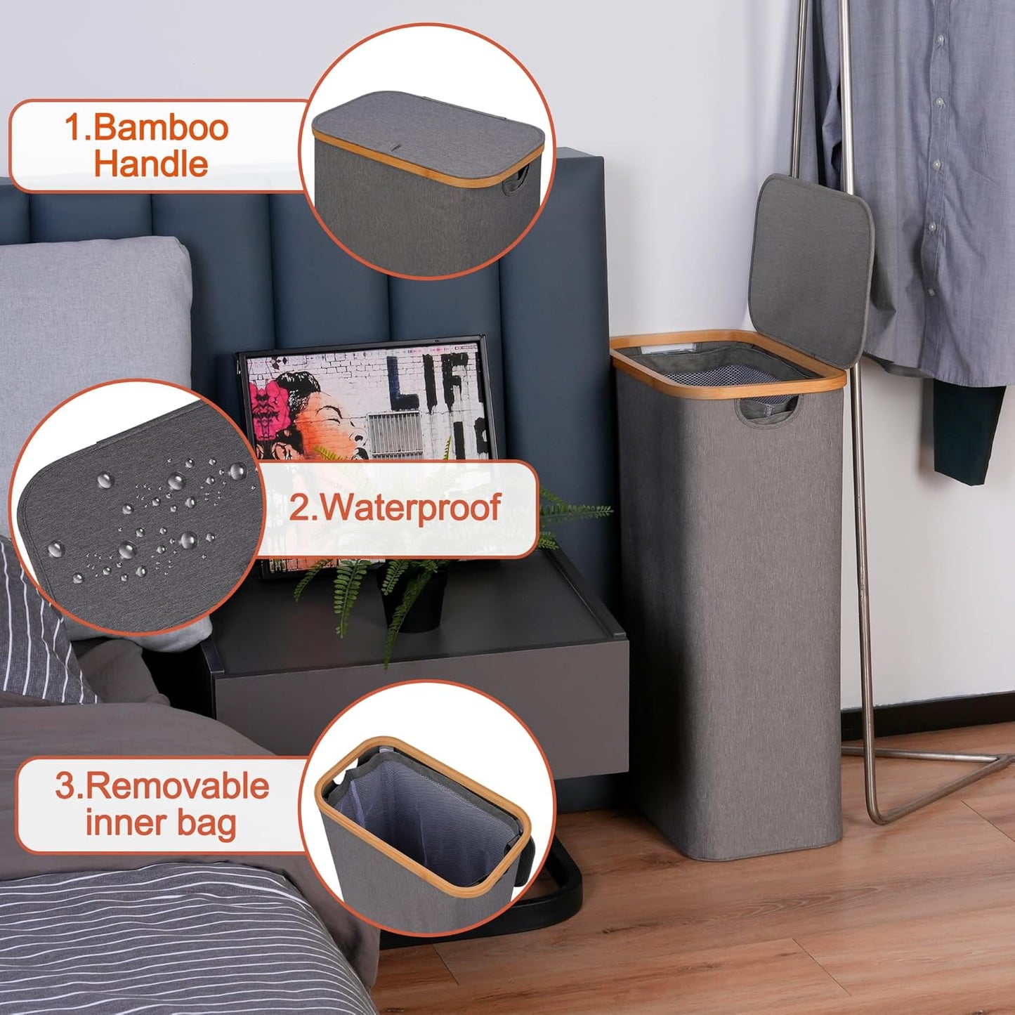 efluky Slim Laundry Hamper with Lid, Narrow Laundry Hamper with Removable Bag, Collapsible Dirty Clothes Basket with Handles for Bathroom, Bedroom & Laundry Room, 75L Grey