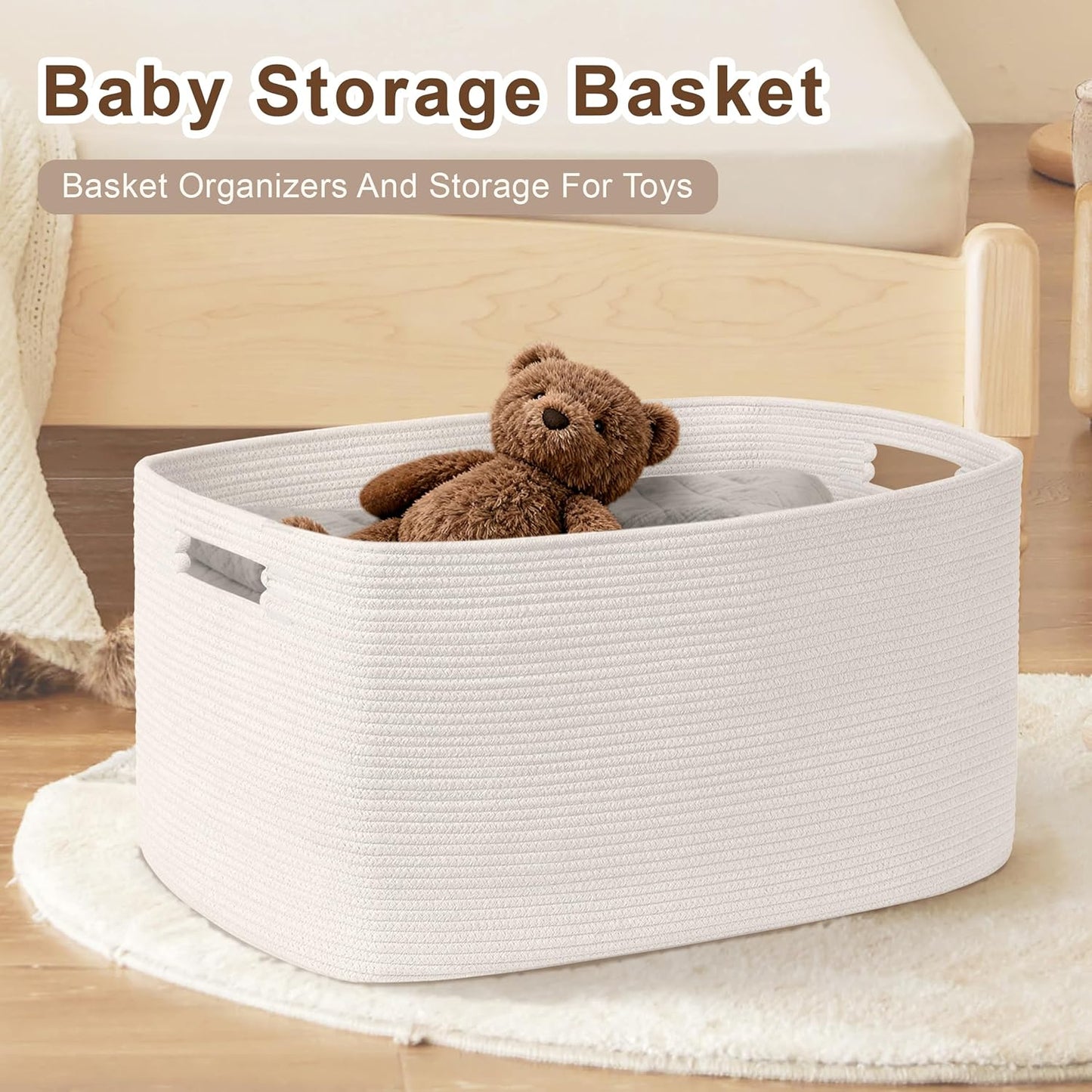 72L Large Baby Girls Laundry Basket for Nursery Storage,Cute Woven cotton Rope Baskets for Kids Toy，Gifts,Boho Square Wicker Blanket hamper for Living Room,Bedroom Dirty Clothes, White