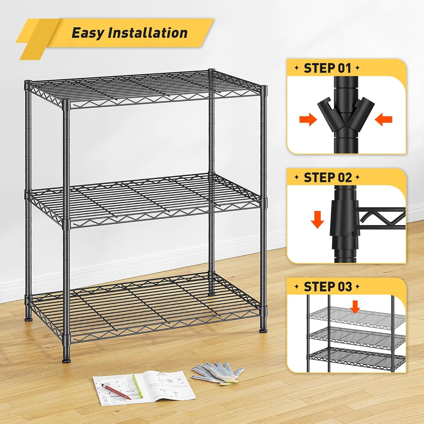 450LBS Storage Shelves 3 Tier Metal Shelving Unit Adjustable Wire Shelving Storage Rack Pantry Shelves for Kitchen Laundry Office Dorm Closet Bathroom 24" W x 30" H x 14" D Black