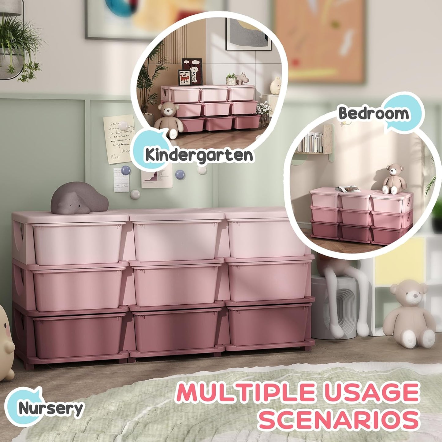 Qaba 3 Tier Kids Storage Unit, 9 Drawer Chest Toy Organizer Plastic Bins for Kids Bedroom Nursery Kindergarten Living Room for Boys Girls Toddlers, Pink